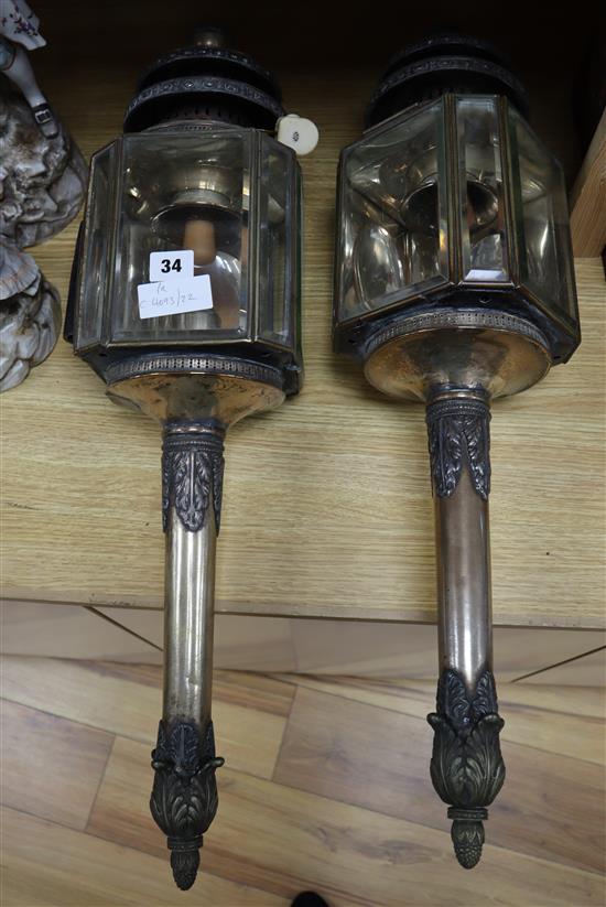 A pair of Victorian Old Sheffield plate carriage lamps height 68cm